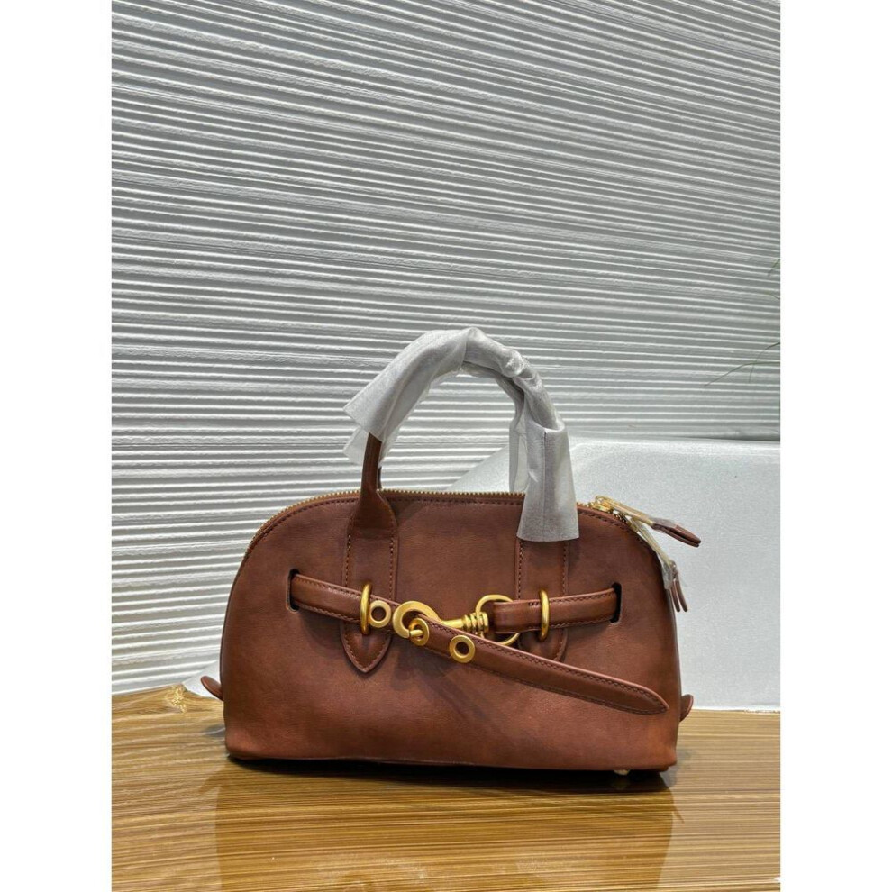 (brown) "Genuine Leather Retro Cowhide Bowling Tote - Women's Fashionable Crossbody & Shoulder Bag