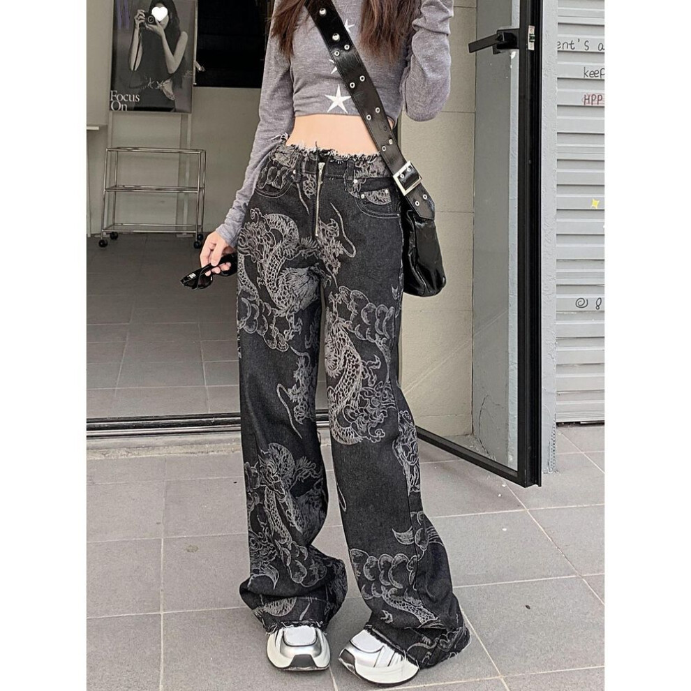 (black, Large) Unisex Dragon Print Raw Edge Wide-Leg Jeans - Trendy Fashion Design