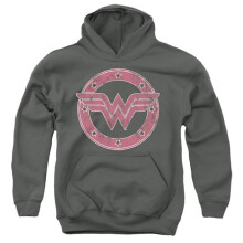 Trevco Sportswear JLA1438-YFTH-3 Wonder Woman Emblem 1 Youth Hooded Sweatshirt, Charcoal - Large