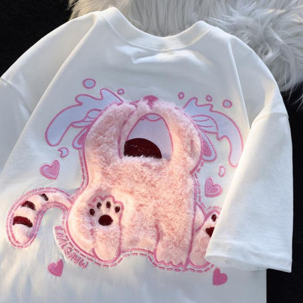 (white, 2XL) Chic Kitten Print Pure Cotton Short-Sleeve Women's T-Shirt