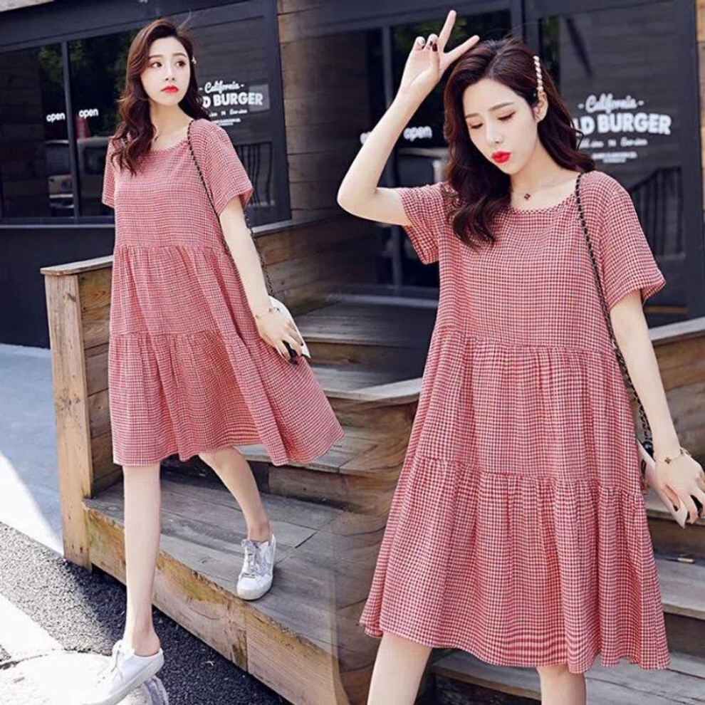 (red, XXXL) Women's Plaid A-line Maternity Dress - Loose Fit, Mid-length, Summer Style