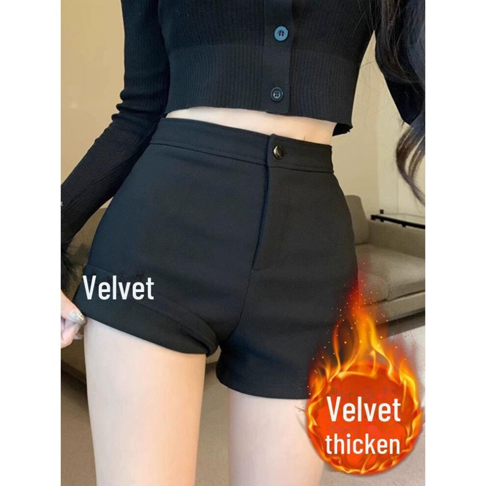 (black, 3XL) Women's High-Waist A-Line Plus-Size Shorts, Thickened Velvet for Autumn/Winter - Black Casual Fit for Boots