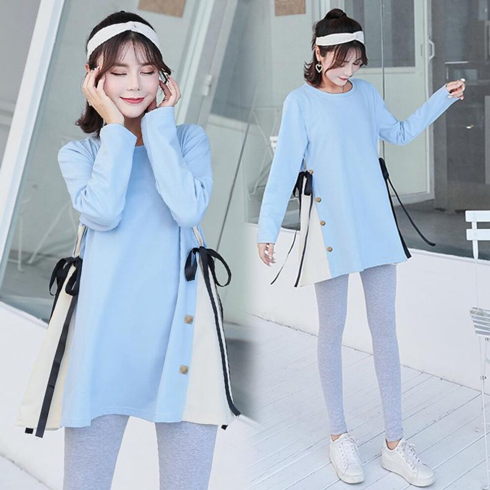 (blue, L) "korean Maternity Loose Tops: Mid-length Bottoming Shirts With Long Sleeves For Spring And Autumn