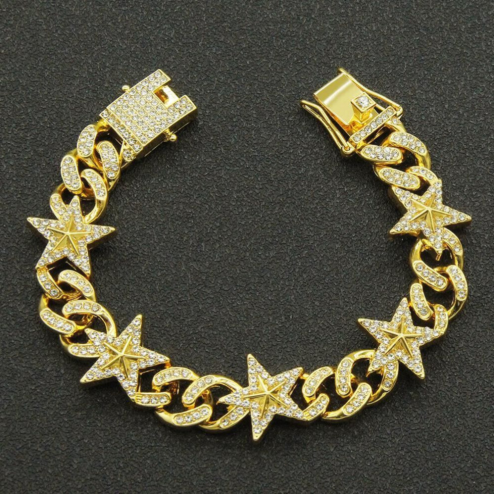 (gold) "european & American Hip-hop 3D Star Full Diamond Cuban Chain Bracelet For Men - Trendy Street Style