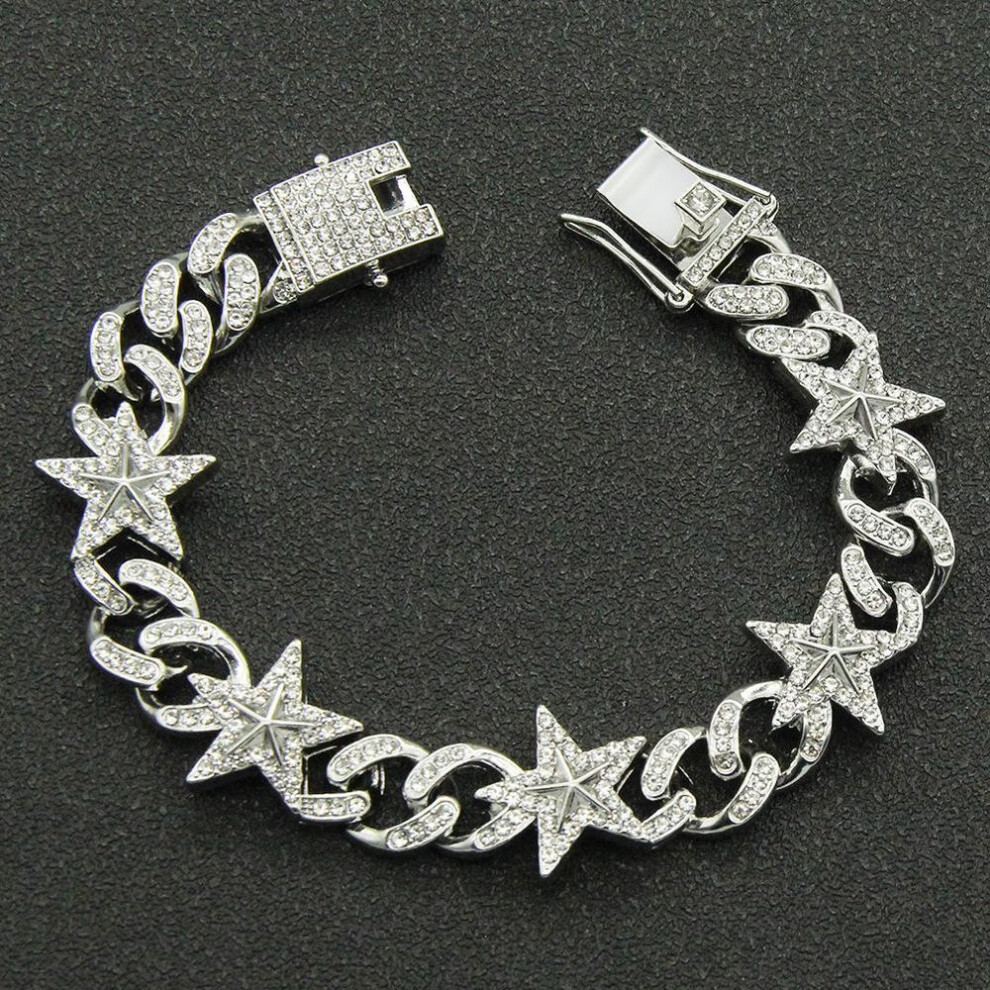 (silver) "european & American Hip-hop 3D Star Full Diamond Cuban Chain Bracelet For Men - Trendy Street Style