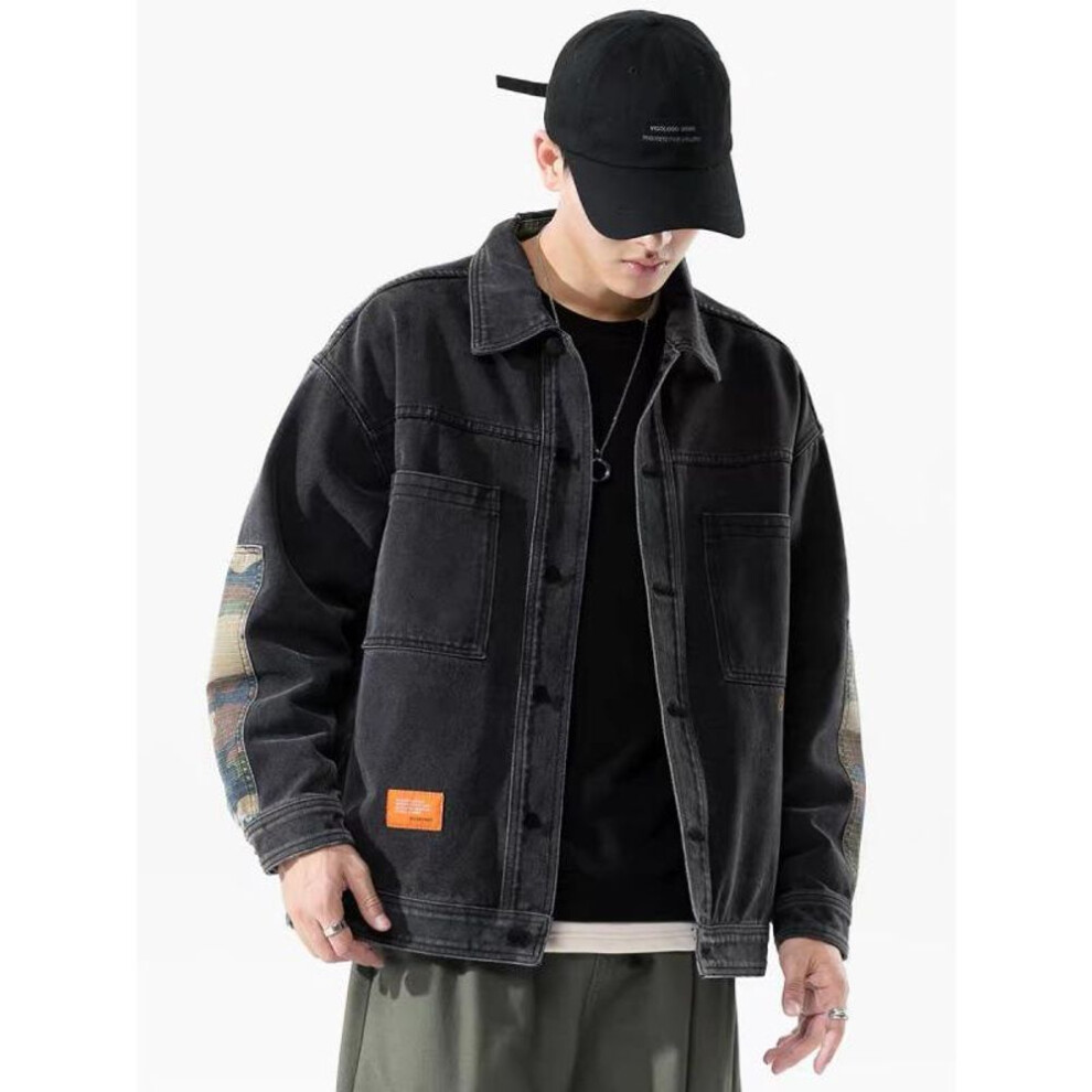 (black,grey, 3XL) Men's Korean Style Trendy Denim Baseball Jacket - Handsome Loose Fit Casual Workwear for Spring and Autumn