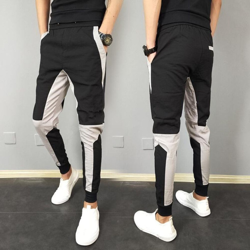 (black, Large) Men's Slim Fit Fashionable Harem Pants with Contrasting Colors and Nine-Point Cuffs