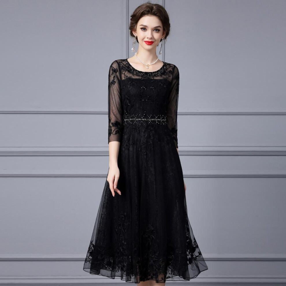 (black, M) Zhili Fairy Style Spring 2025 Women's High-End Nail Diamond Embroidered Long Dress - Plus Size