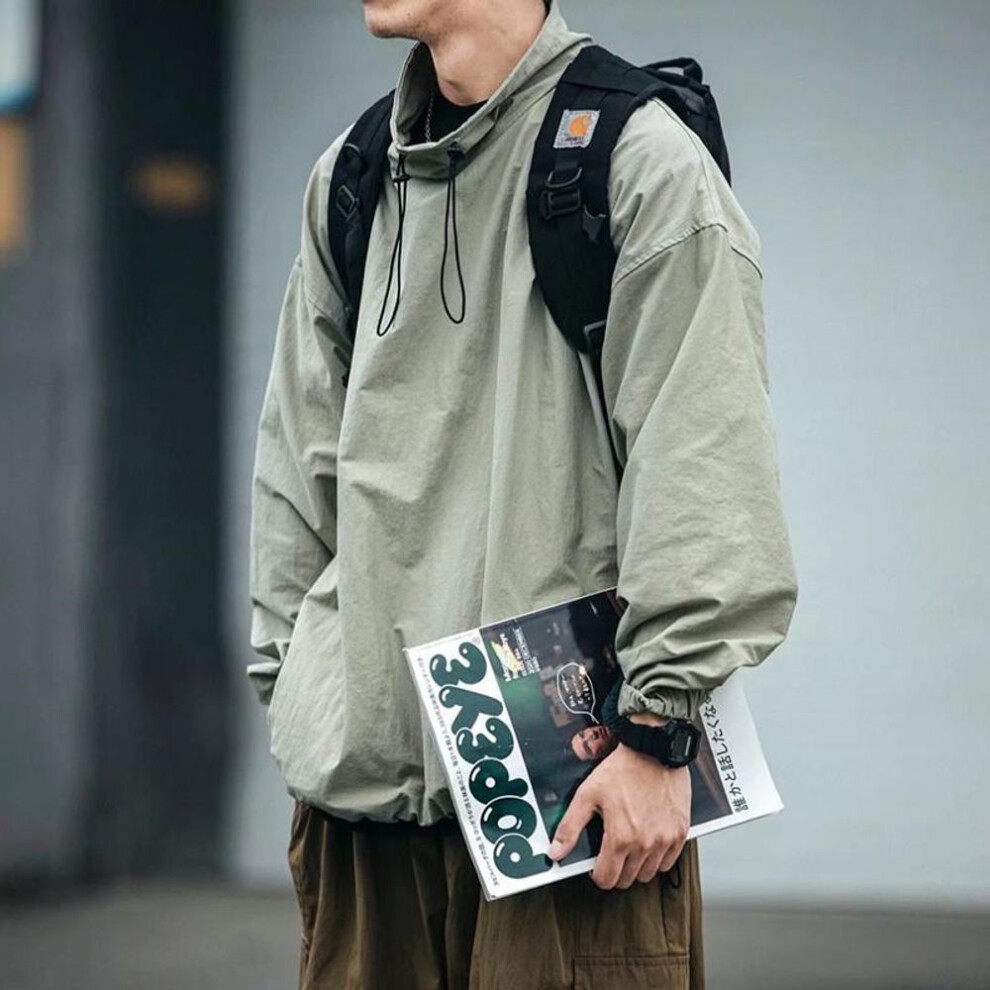 (gray, L) Men's Japanese Retro Washed Workwear Hooded Jacket - Loose Pullover for Spring & Autumn Trends