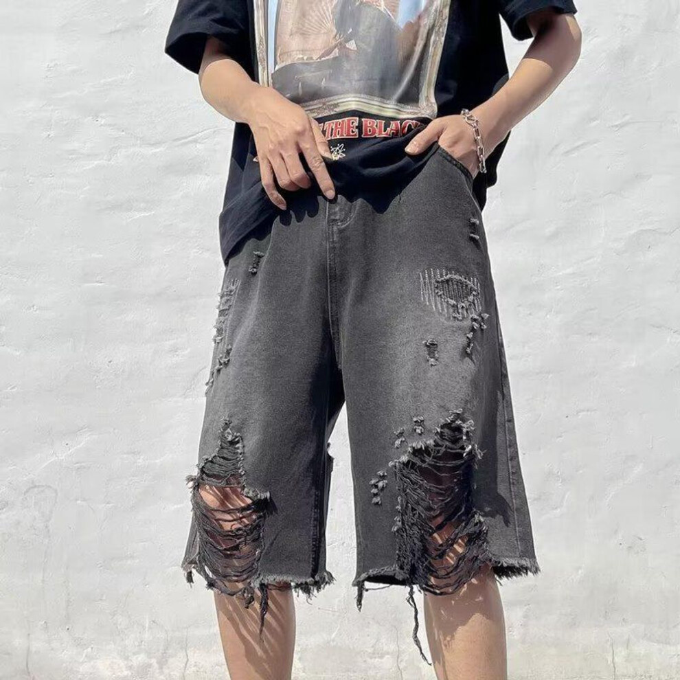 (black gray, Extra Large) Urban Hip-Hop Distressed Men's Ripped Denim Shorts - Retro Loose Fit, Raw Edges, Washed Summer Style