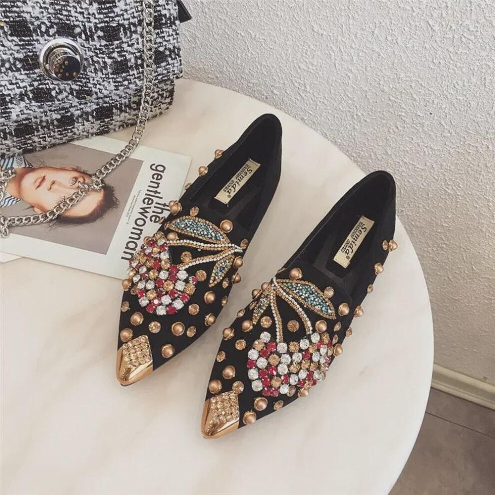 (khaki, 37) "women's 2020 Autumn Large Single Shoes - Rivet Cherry, Rhinestone Pointed Toe, Flat Style