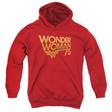 Trevco Sportswear JLA712-YFTH-3 Wonder Woman 75th Anniversary Gold Logo Youth Hooded Sweatshirt, Red - Large