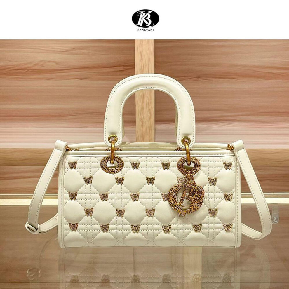 (cream,white) 2024 Genuine Leather Princess Diana Rhombus Butterfly Crossbody Handbag