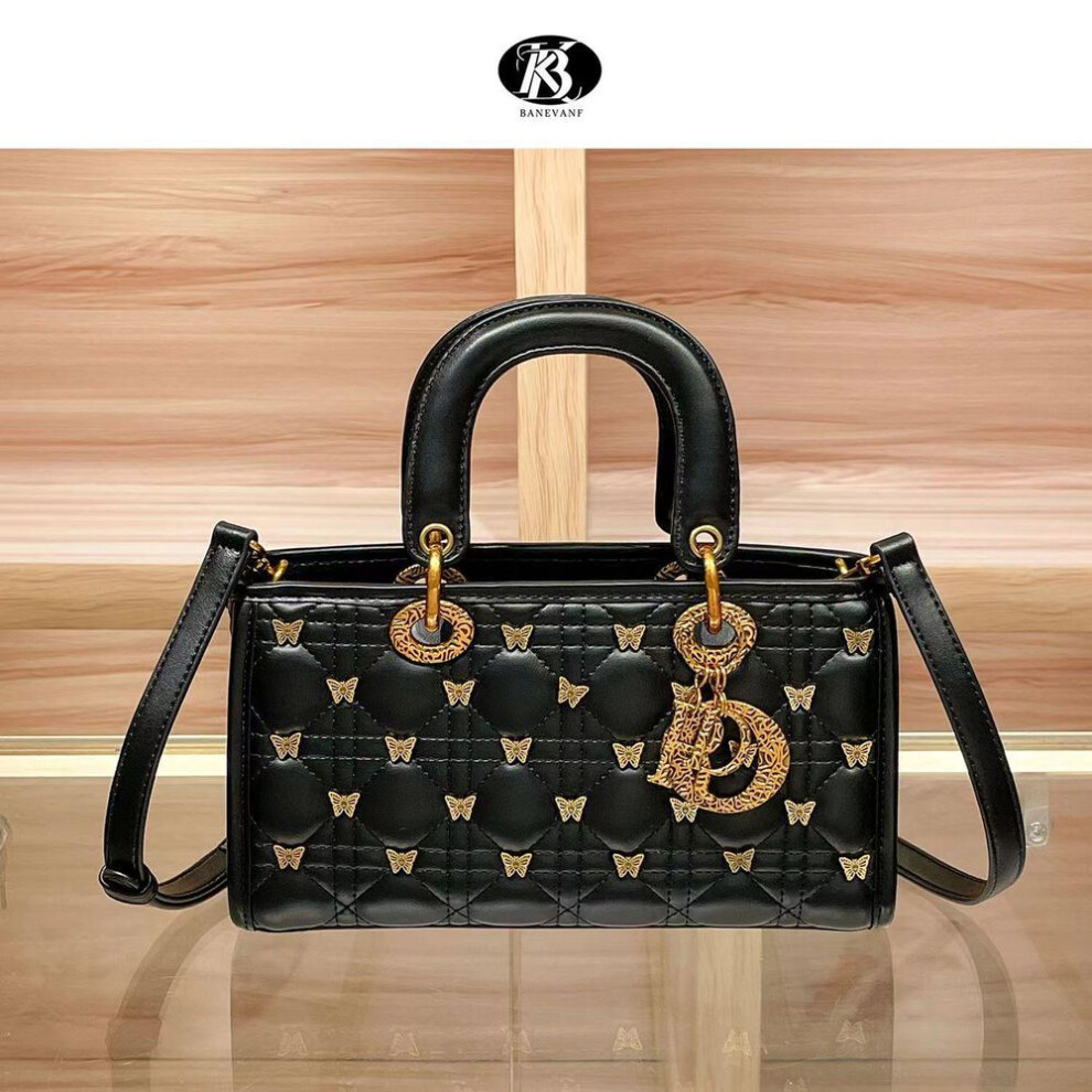 (black) 2024 Genuine Leather Princess Diana Rhombus Butterfly Crossbody Handbag