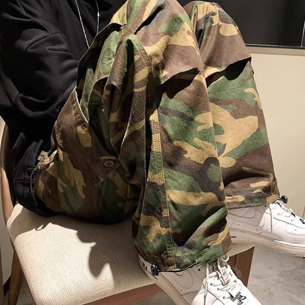 (camouflage green, M) Men's Retro Camouflage Hip-Hop Loose Wide-Leg Trousers