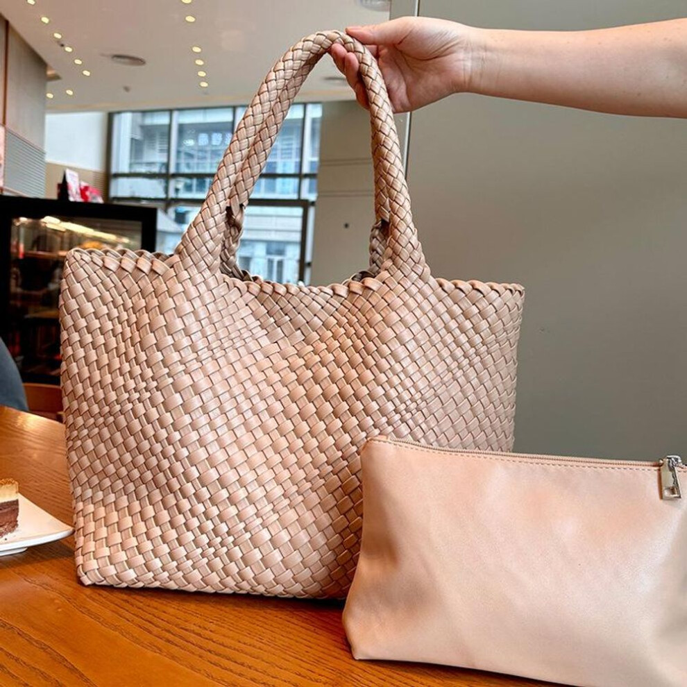 (khaki) "Stylish Large-Capacity Portable Woven Tote: Mommy's Perfect Beach and Market Bag