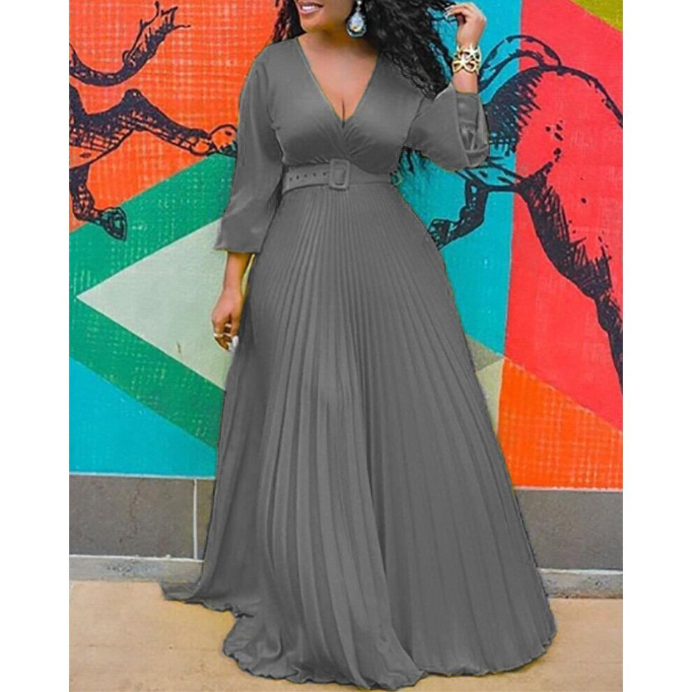 (gray, L) Retro Chiffon Yellow High-Waist Long Dress with Belt