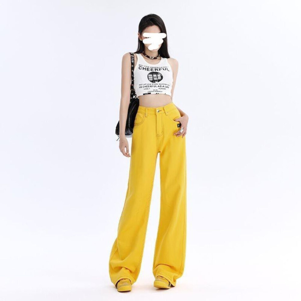 (yellow, Extra Large) Women's Yellow Embroidered Wide-Leg Jeans - High Waist, Loose-Fit, Street Style, Perfect for Spring and Summer.