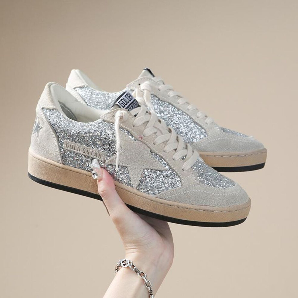(silver, 37) "2024 Korean Style Soft Leather Star Sequin Sneakers - Easy-match Lace-up Casual Flats