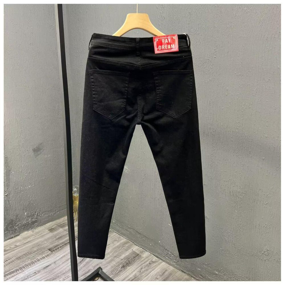 (black, 28) Men's Slim-Fit Korean White 9-Point Trendy Jeans