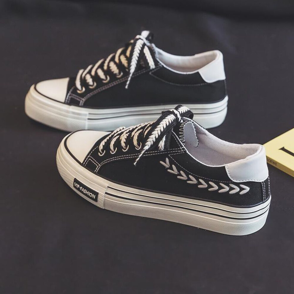 (black, 35) Women's Spring Canvas Shoes, Thick Sole, Height-Enhancing, Retro Wheat Ear Design, Low-Top College Style (Model HD-102)