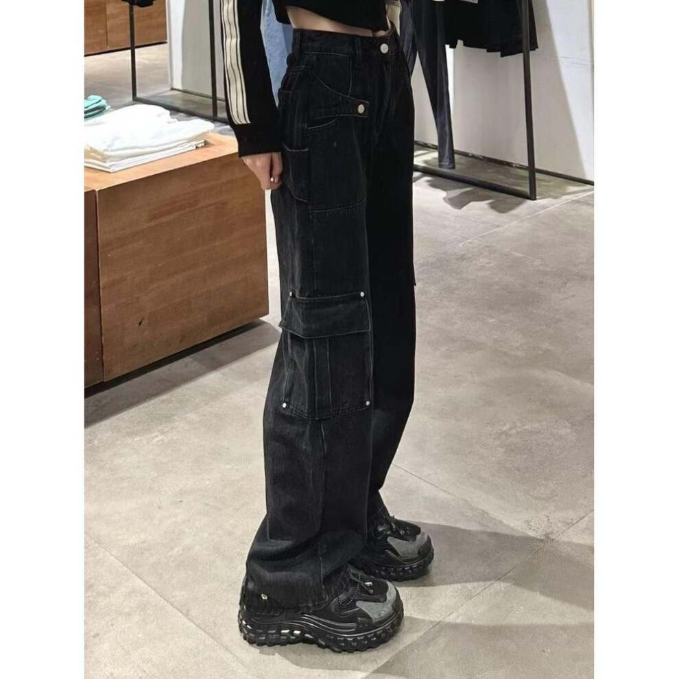 (black, 2XL) Women's American Streetwear Hiphop Wide-leg Denim Trousers