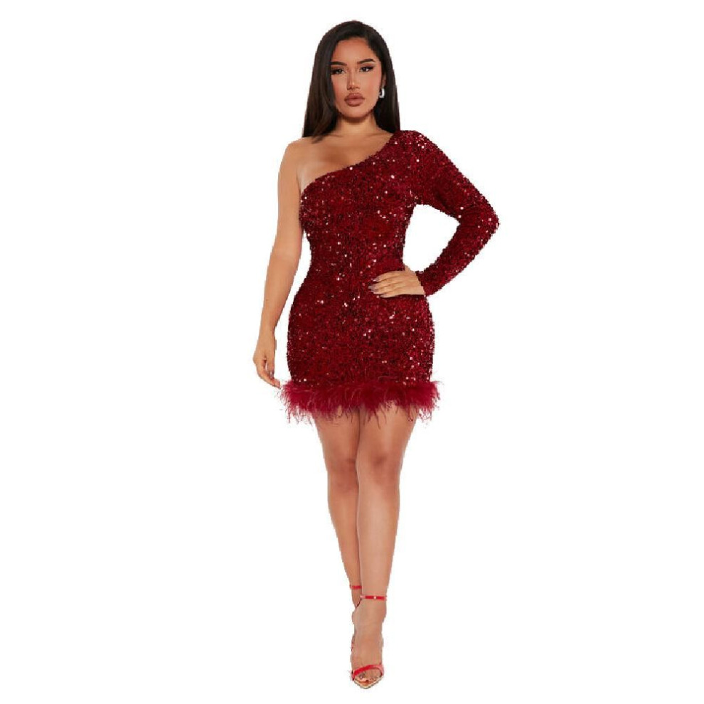 (wine red, XL) "european & American Autumn/winter Sequin Feather Dress With One-shoulder Long Sleeve