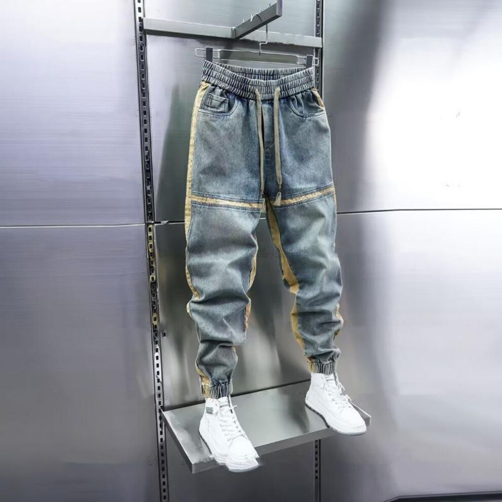 (L ?110-135 lbs?) Korean Style Men's Autumn/Winter Elastic Waist Harem Jeans with Drawstring - Trendy Spliced Wide Leg and Skinny Fit.