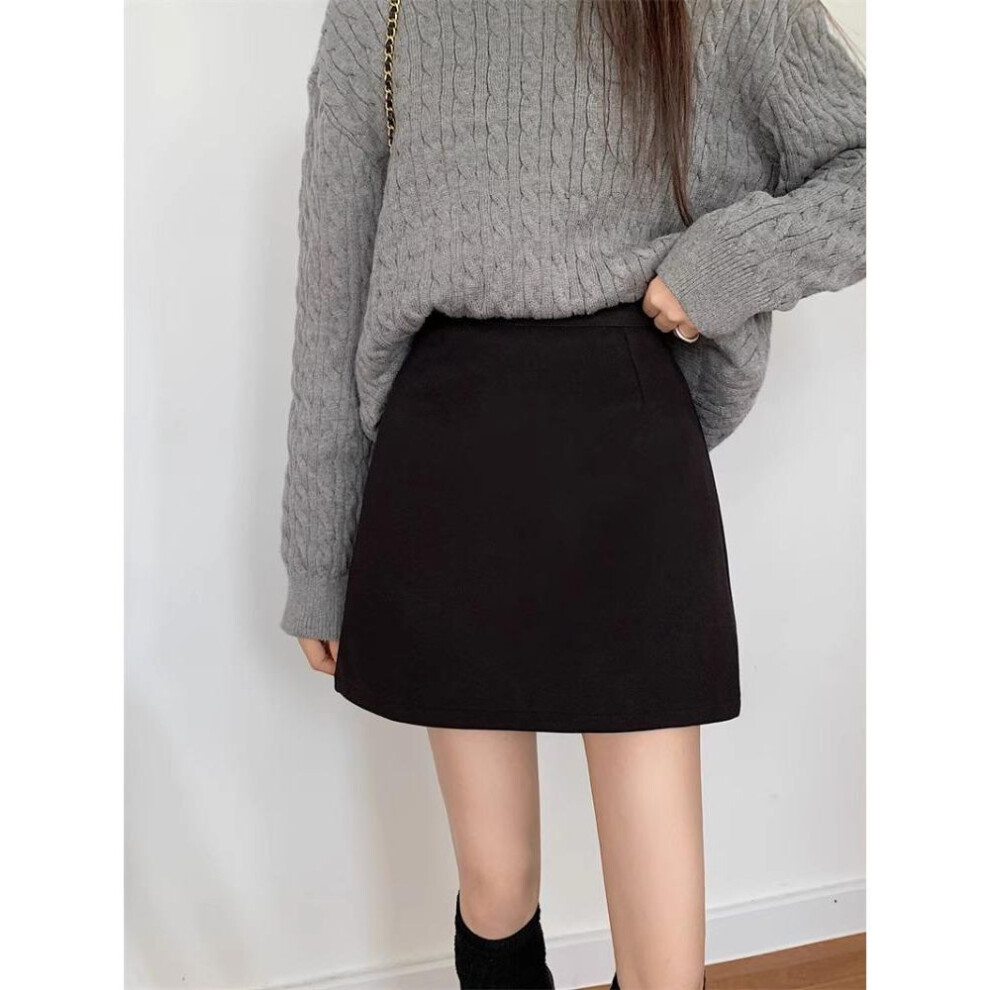 (XS) "2023 New Korean Style High-Waist Black Woolen A-Line Skirt for Petite Women