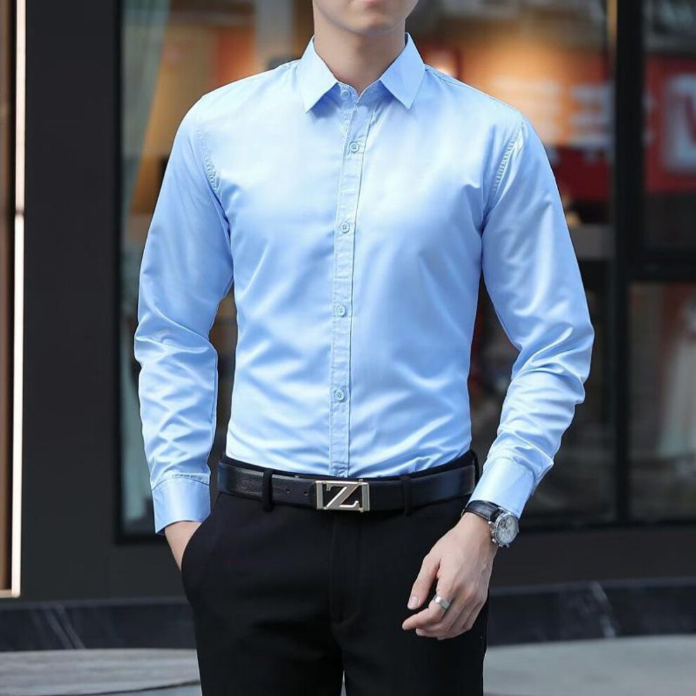 (light blue, L) Men's Korean Slim Fit Casual Business Shirt - Long Sleeve Trendy Style for Spring and Autumn