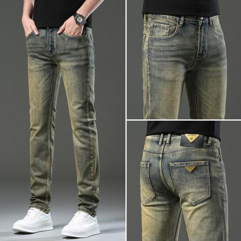 (32 (Waist 2 feet 5) 140 jin) Brass-Colored Men's Slim Fit Retro Distressed Jeans - Trendy Autumn Casual Skinny Pants for Boys.