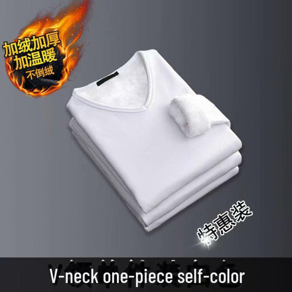 (white, 2XL) Men's V-Neck Thick Velvet Long-Sleeve T-Shirt - Warm & Trendy Autumn/Winter Base Layer