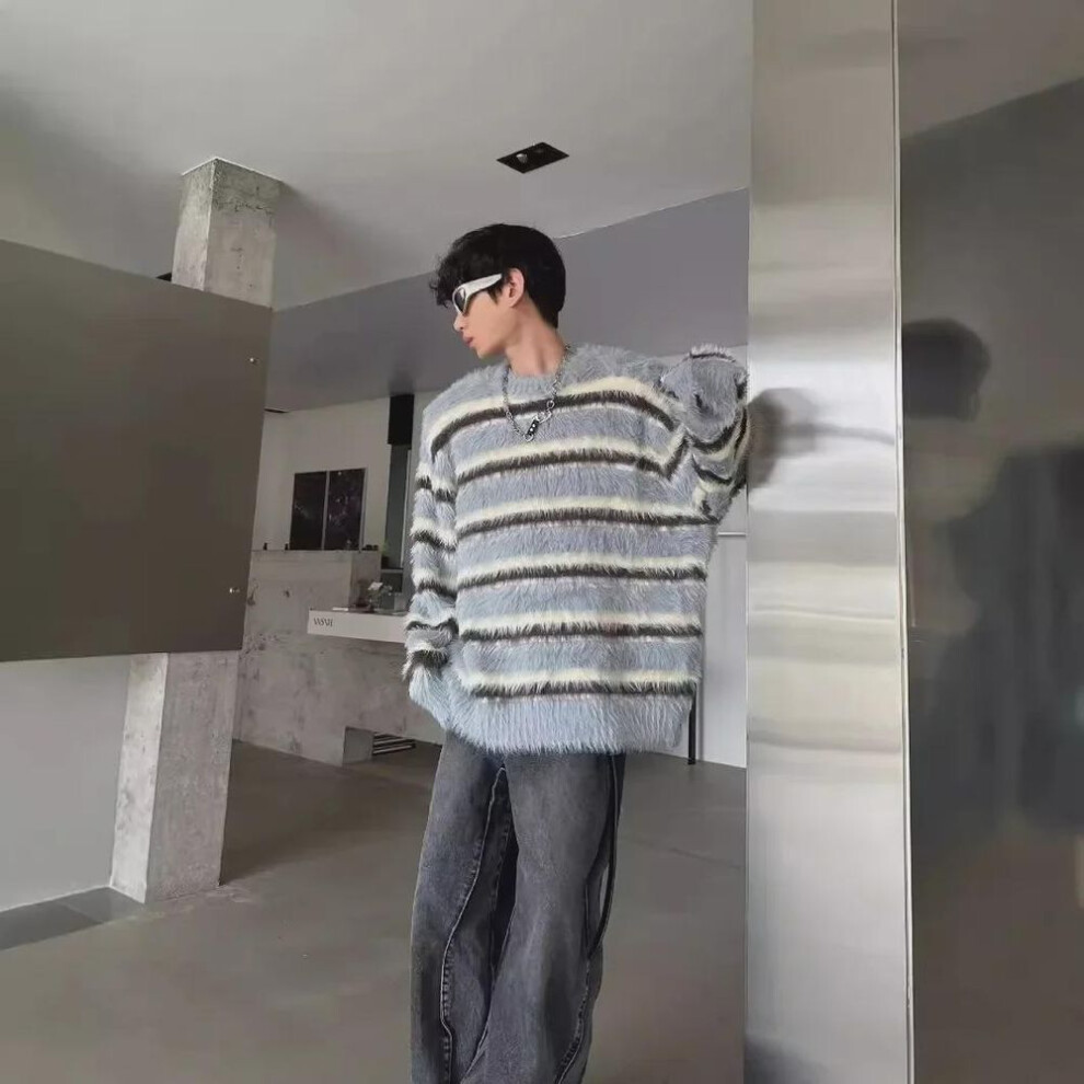 (blue, M) Men's Plush Mohair Black & White Striped Sweater - High-end Simple Knitted Design
