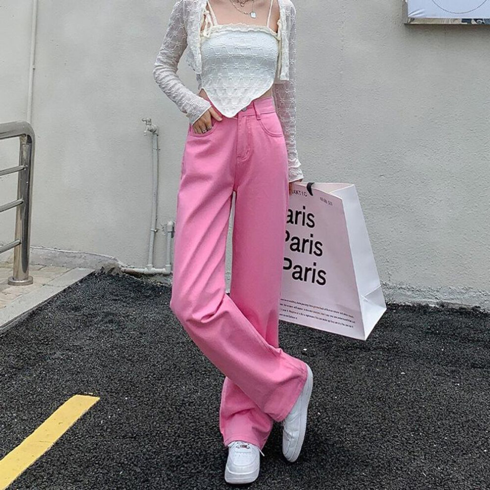 (pink, Extra Large) Mint Green High-waist Wide-leg Jeans - 2022 Women's Fashion, Floor-length, Slim Style, Versatile And Loose Fit