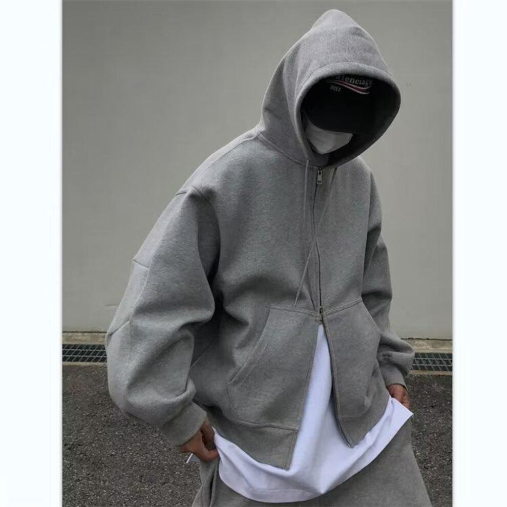 (gray, XXL) Men's Gray Hooded Zipper Cardigan Jacket: 2024 Bf Style, Loose Fit, Drop Shoulder.