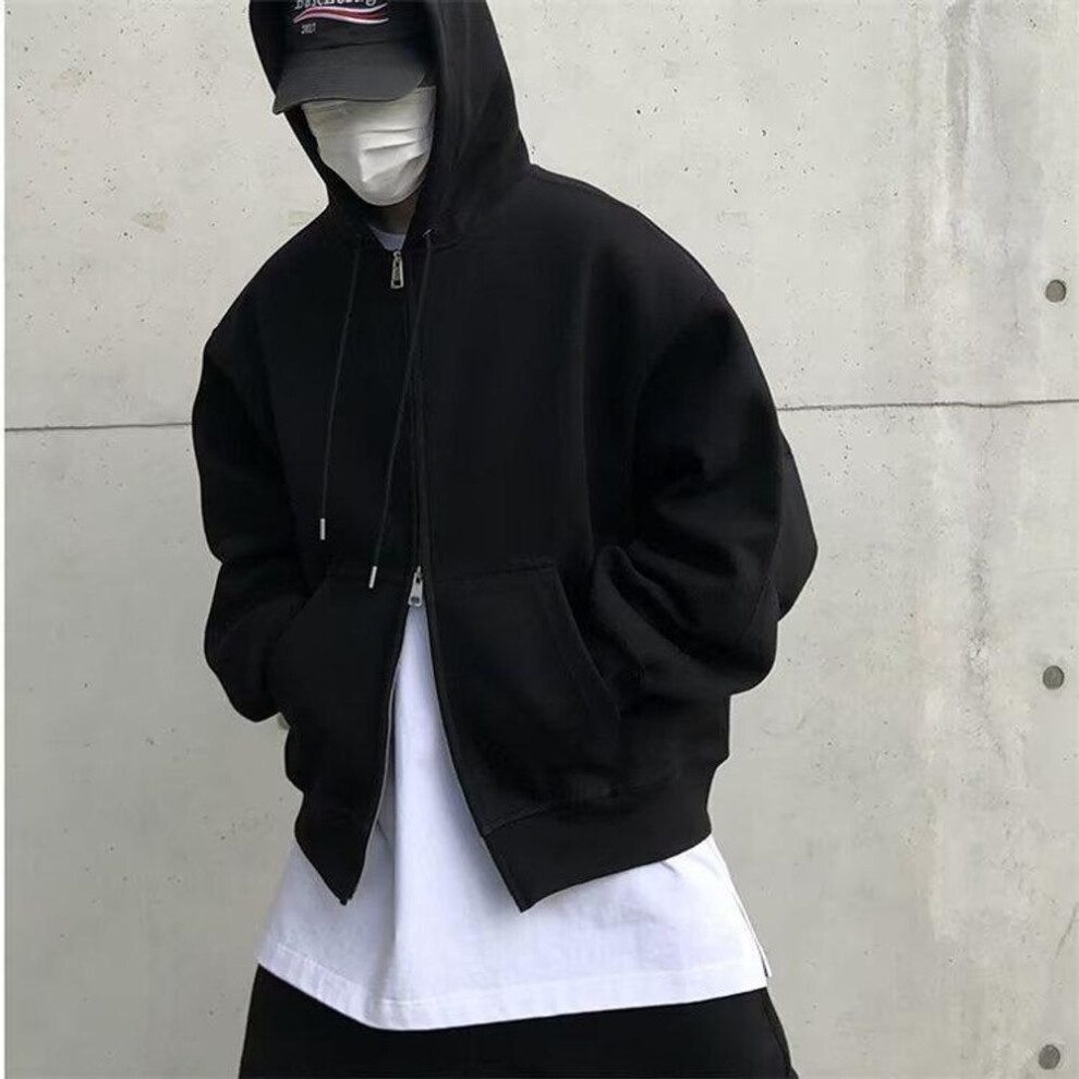(black, XL) Men's Gray Hooded Zipper Cardigan Jacket: 2024 BF Style, Loose Fit, Drop Shoulder.