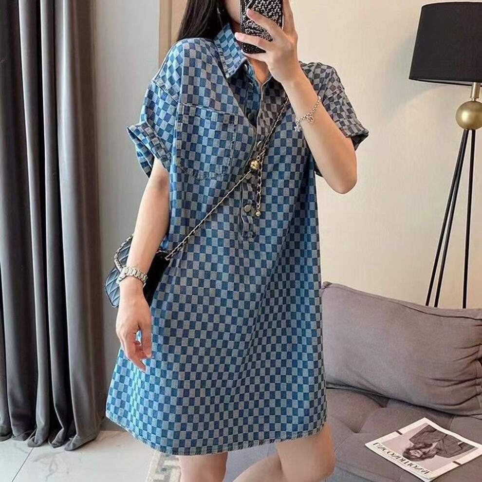 (denim blue, L) Plus Size Denim Blue Loose Short-sleeve T-shirt Dress For Women - Summer Cover-up.