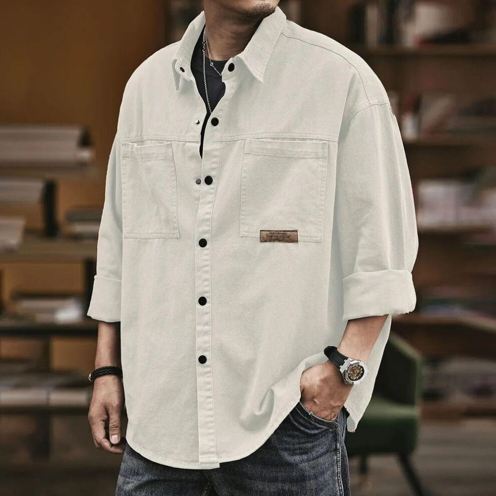 (beige, 5XL (175-200 jin)) Men's Large Loose Work Shirt Jacket - Spring/Autumn Casual Cardigan with Lapel in Solid Color