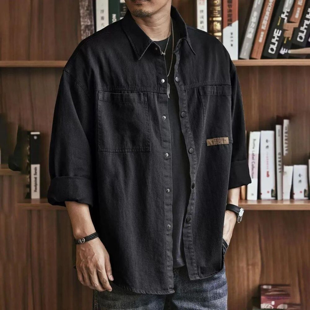 (black, 5XL (175-200 jin)) Men's Large Loose Work Shirt Jacket - Spring/Autumn Casual Cardigan with Lapel in Solid Color