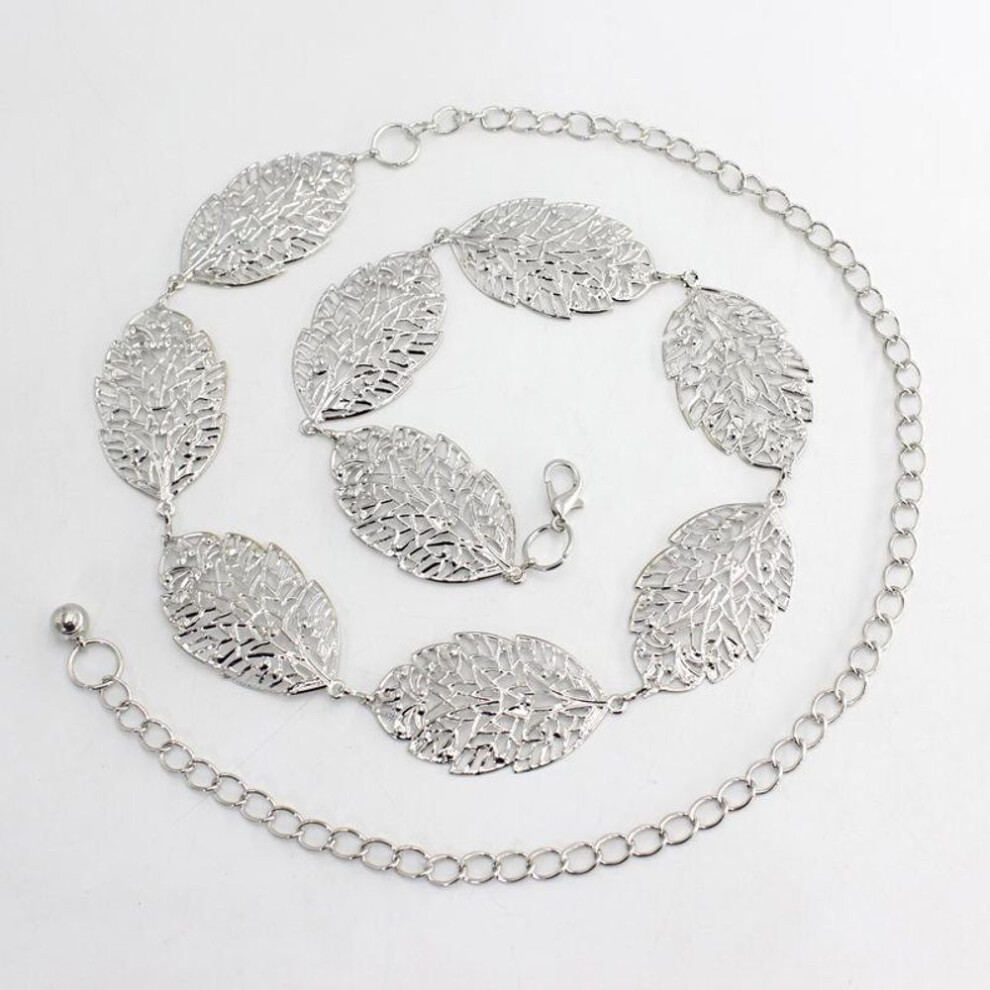(silver) "Korean Style Leaf Hollow Metal Belt: Fashionable & Versatile Waist Chain for Dresses