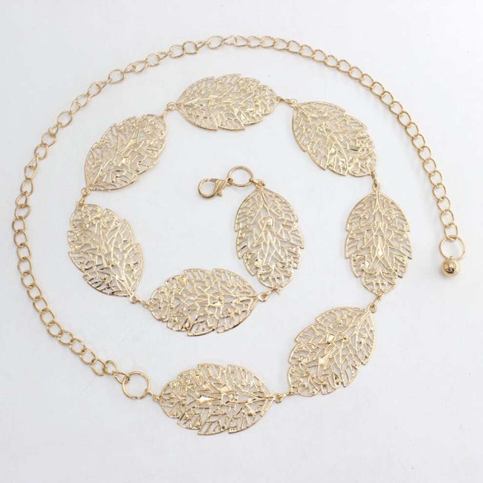 (gold) "Korean Style Leaf Hollow Metal Belt: Fashionable & Versatile Waist Chain for Dresses