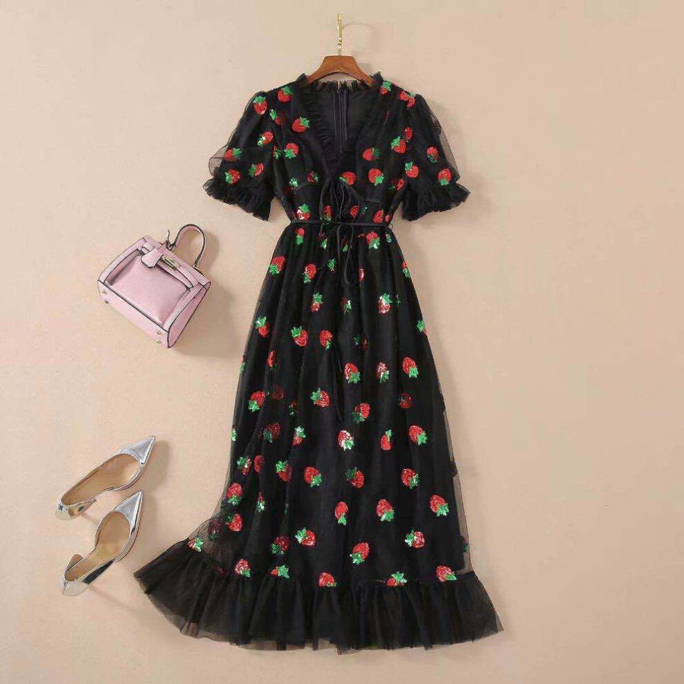 (black, Triple Extra Large) French Strawberry Sequined Pleated Mesh Dress