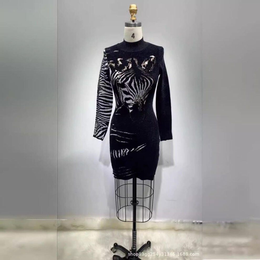(black, Medium) "european & American Black High-collar Long Sleeve Knit Sweater Dress
