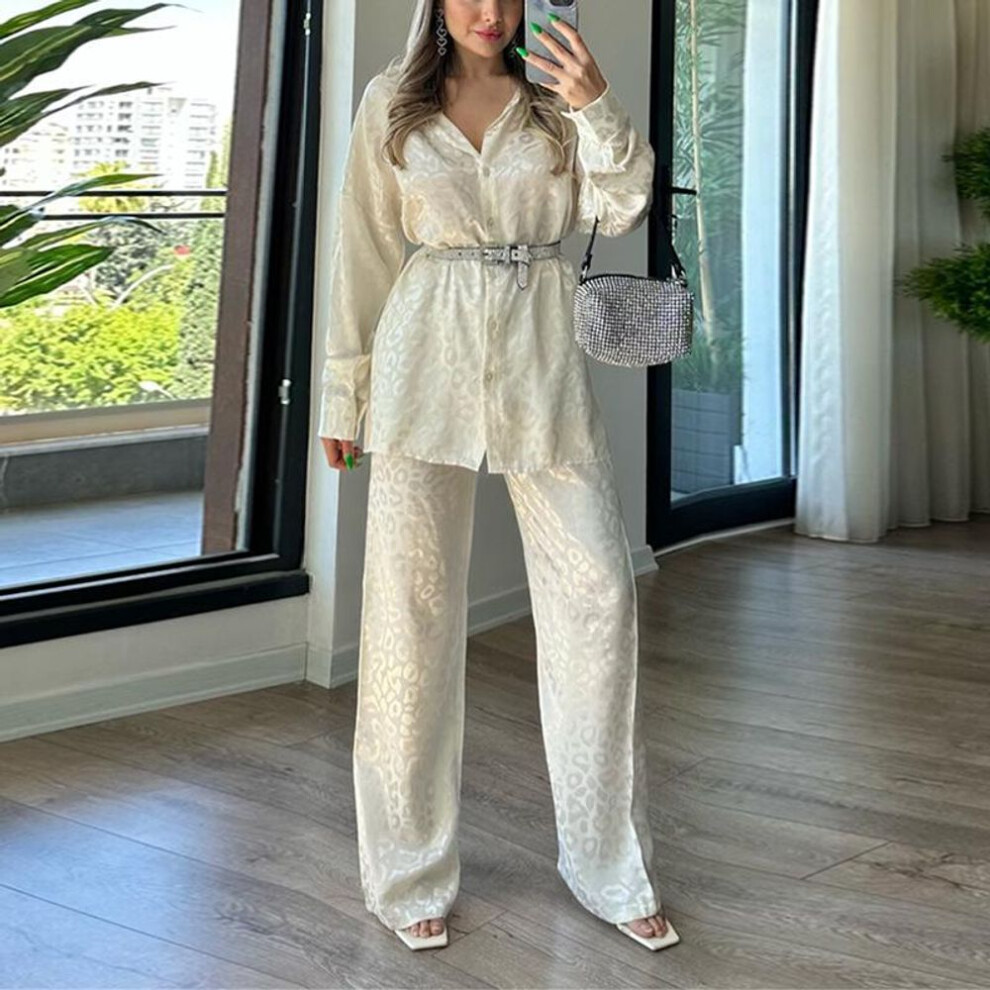 (white, M) "new Loose Leopard Jacquard Long-sleeve Shirt & Elastic Waist Pants Two-piece Suit For Women