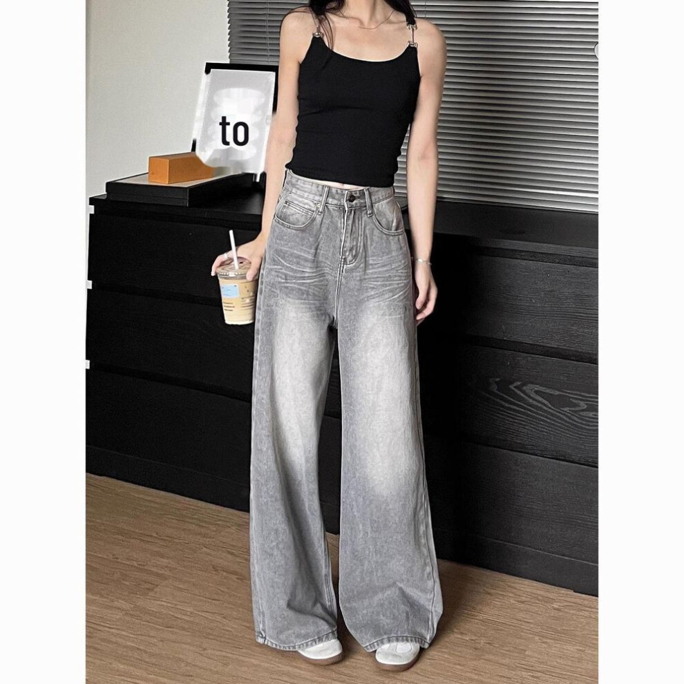 (gray, 2XL) Women's 2024 High-Waist Gray Wide-Leg Jeans - New Retro Spring Style Loose Straight Pants
