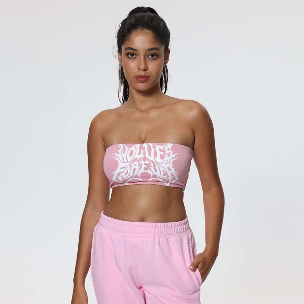 (pink, Medium) Wolf Head Non-slip Yoga Tube Top - High Elastic Printed Sports Bra