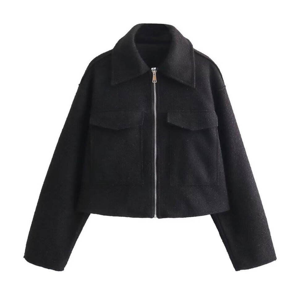 (black, Large) "2024 Spring Women's Tweed Jacket: 7-Color Zipper, Short Lapel, Long Sleeve Coat with Pockets