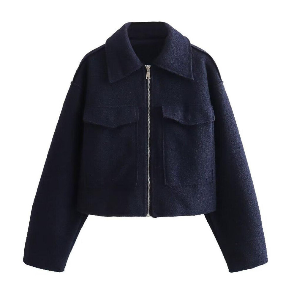 (navy, Medium) "2024 Spring Women's Tweed Jacket: 7-Color Zipper, Short Lapel, Long Sleeve Coat with Pockets