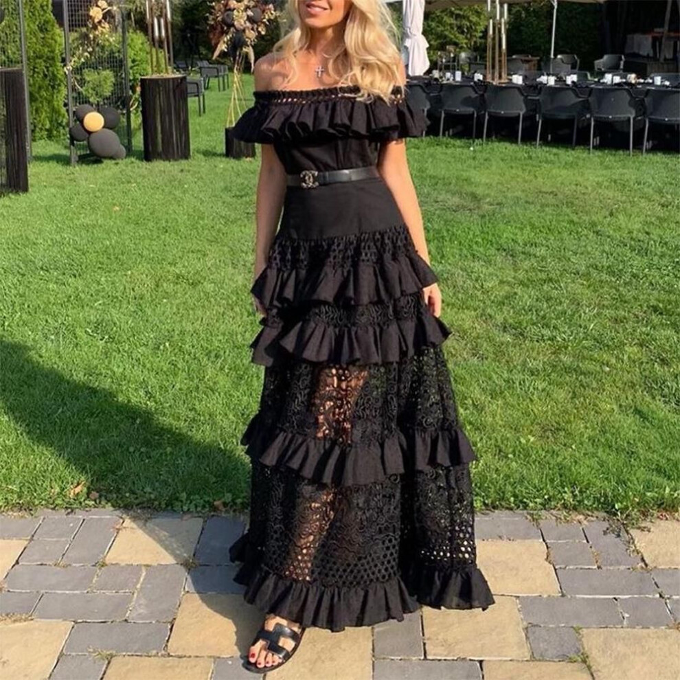 (black, XL) "2025 European/american Women's One-shoulder Ruffled Lace Maxi Dress