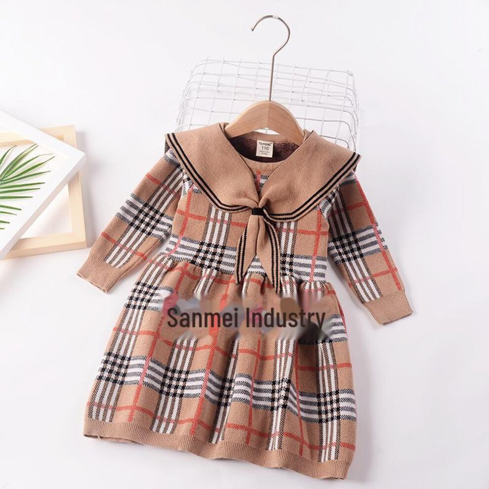 (coffee, Size 110 - Height 100cm) Girls' Cute College Style Knit Sweater Dress With Warm Shawl Collar